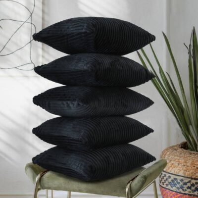 24 Inch x 24 Inch, Black, Pack of 5, Cushion Cover Set of 5, Decorative Sofa Living Room Home Square Cushion Covers, Aesthetic Corduroy Striped Double Sided